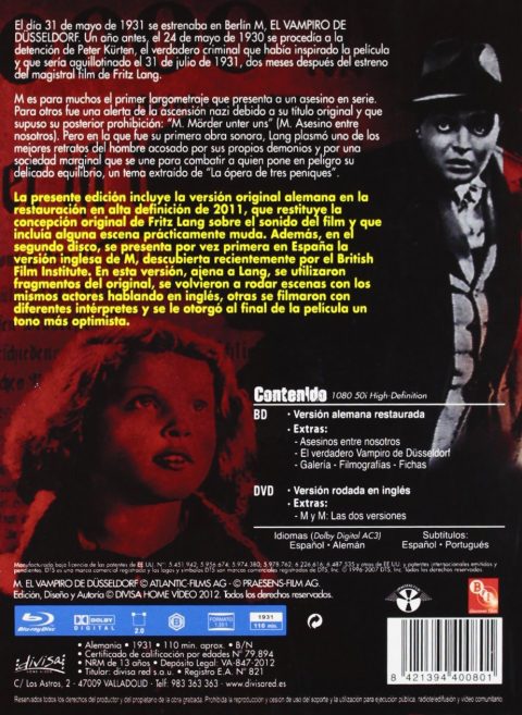 M (El Vampiro de Dusseldorf) Blu-Ray ZONA B